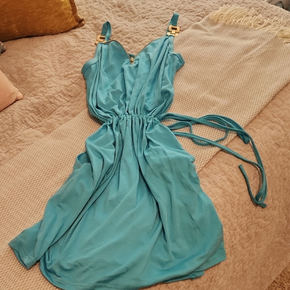Chic Turquoise Dress with Gold Accents
